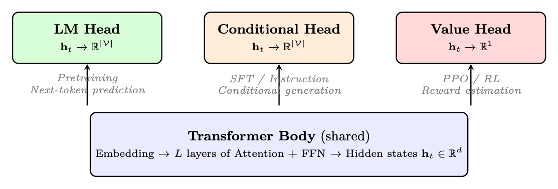 Figure 1.7: The same transformer backbone supports different tasks by swapping the prediction head. All three heads used